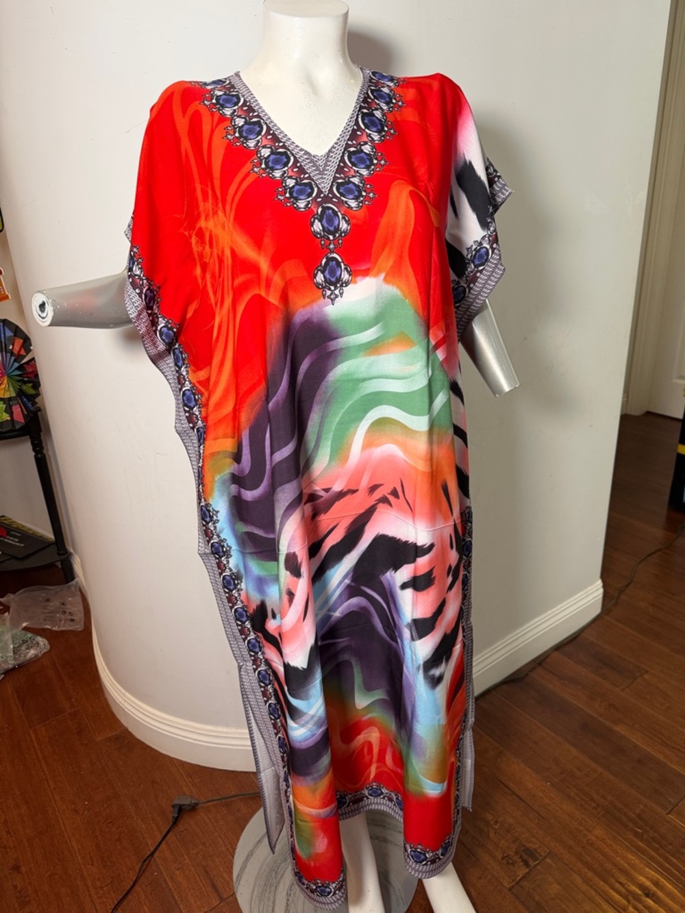 Bohemian  Multicolor Abstract Jewel Print Caftan Maxi Dress Muumuu Beach Summer